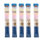 Five individual Trixie Creamy Shrimp liquid cat treat sachets with tabby cat design
