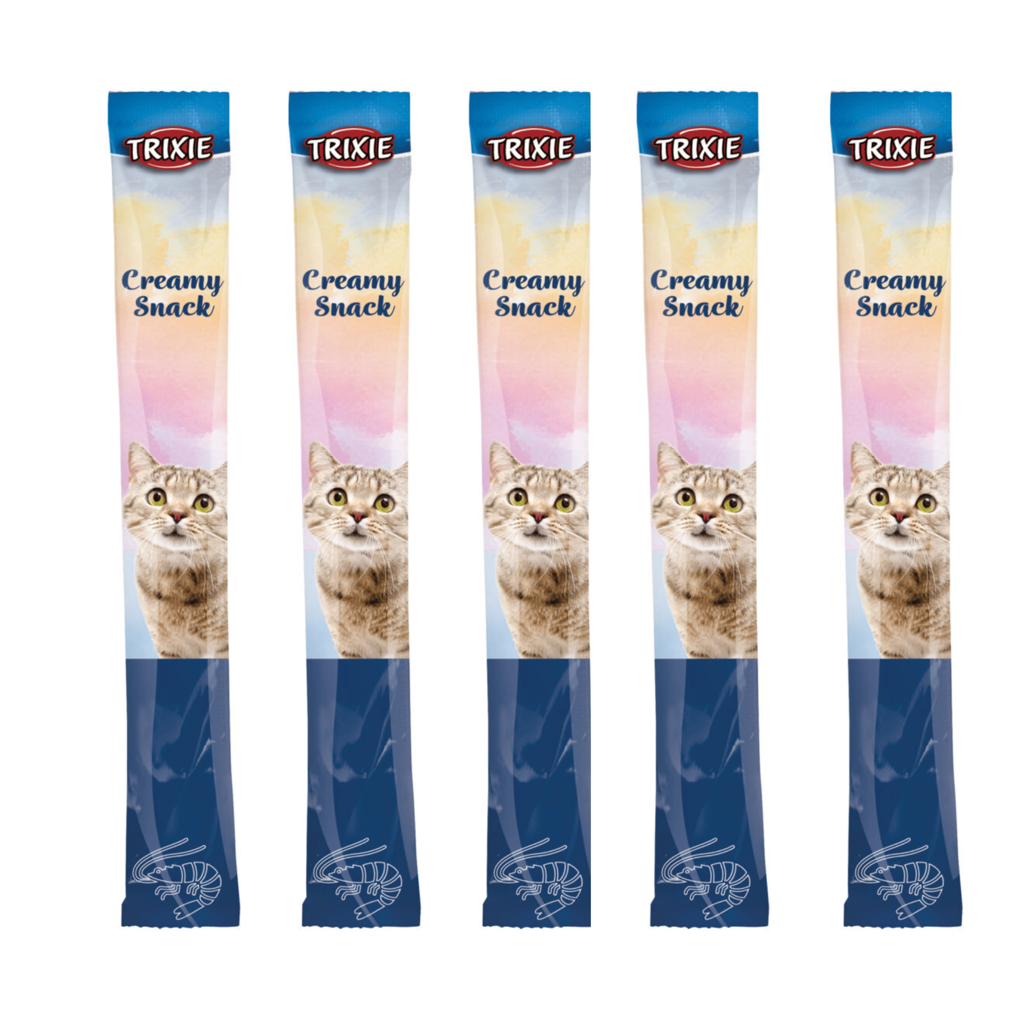 Five individual Trixie Creamy Shrimp liquid cat treat sachets with tabby cat design
