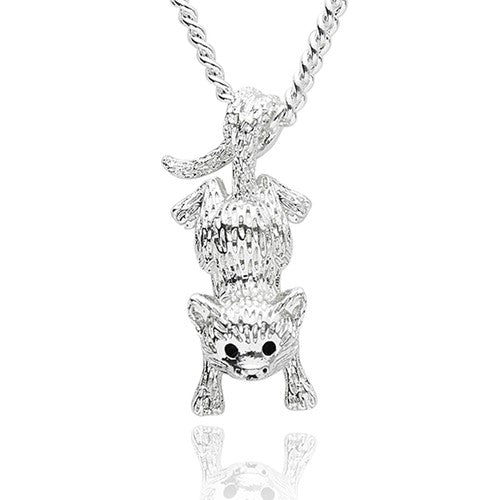 Silver cat pendant on a chain against a white background