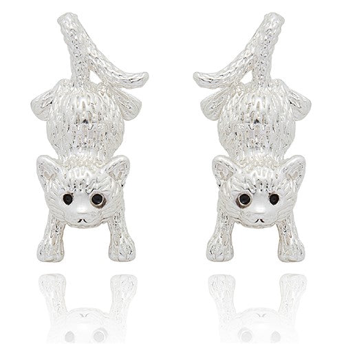Silver cat earrings on a white background