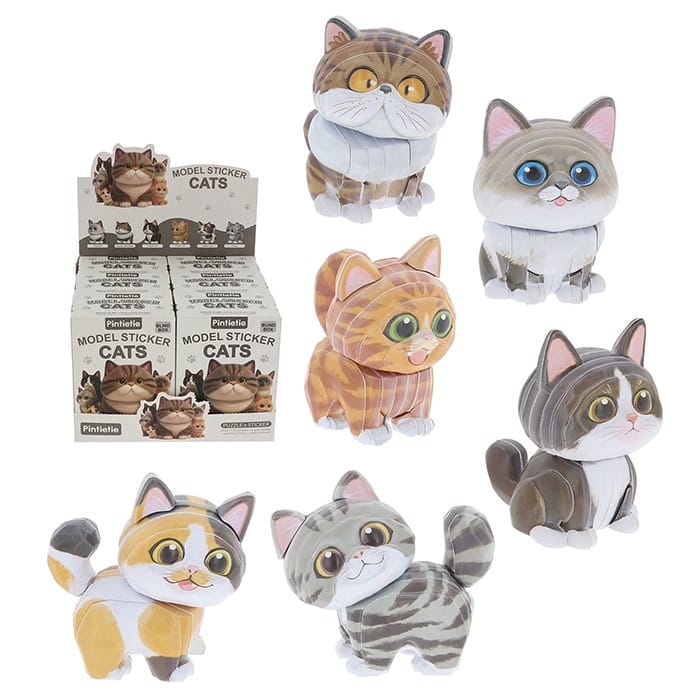 Pintietie 3D Cat Sticker Puzzle blind box range showing six collectable cat models including Ragdoll, Tuxedo, Ginger, Calico and Tabby cats