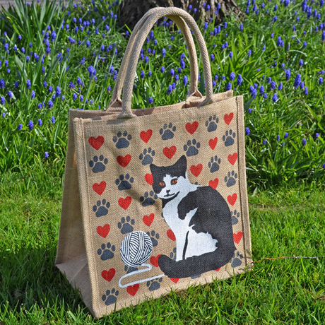 Cute 'Cat with Yarn' Jute Shopping Bag