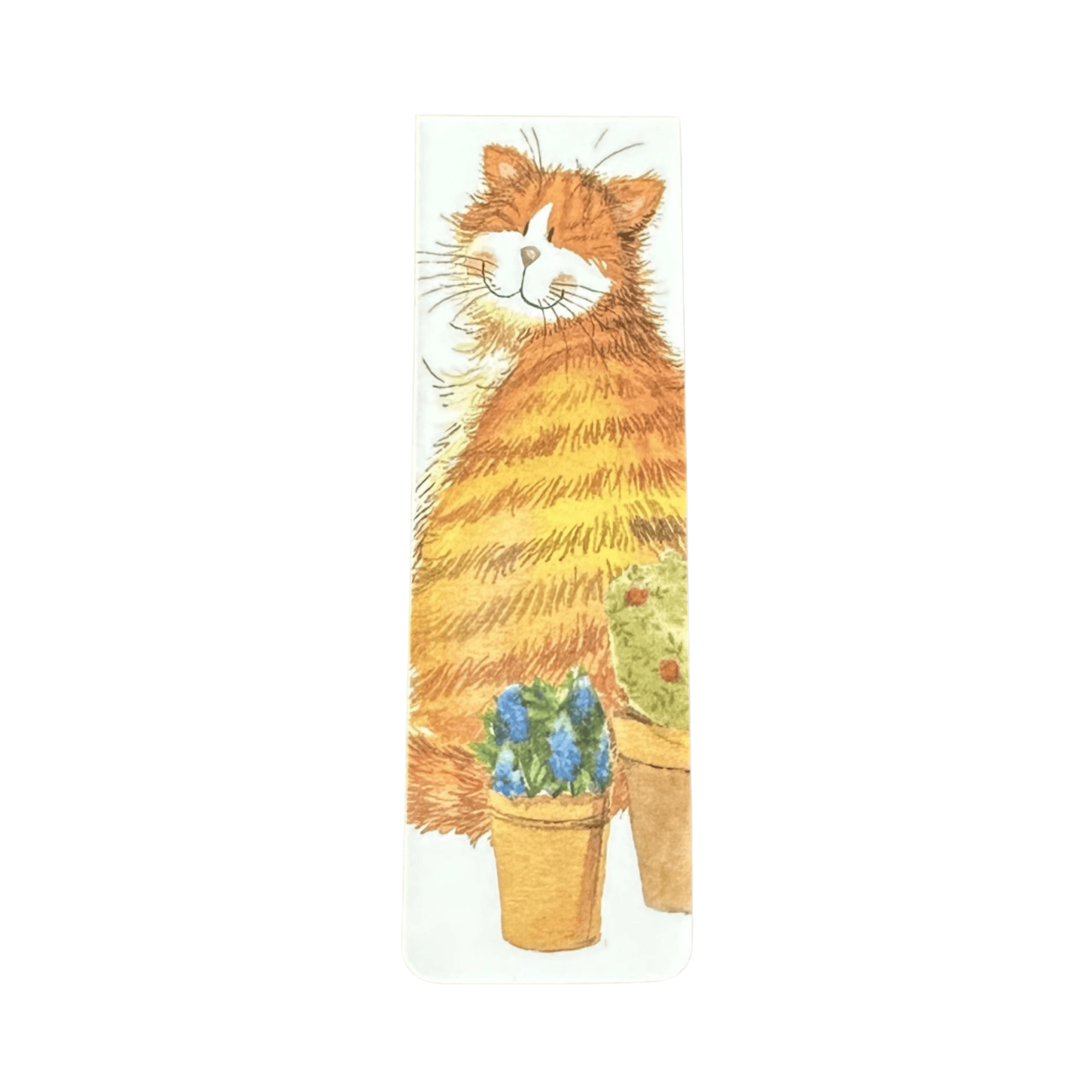 Alex Clark Cat & Pot magnetic bookmark featuring a handsome ginger tabby cat sitting beside colourful potted plants and blue flowers in a charming watercolour illustration.