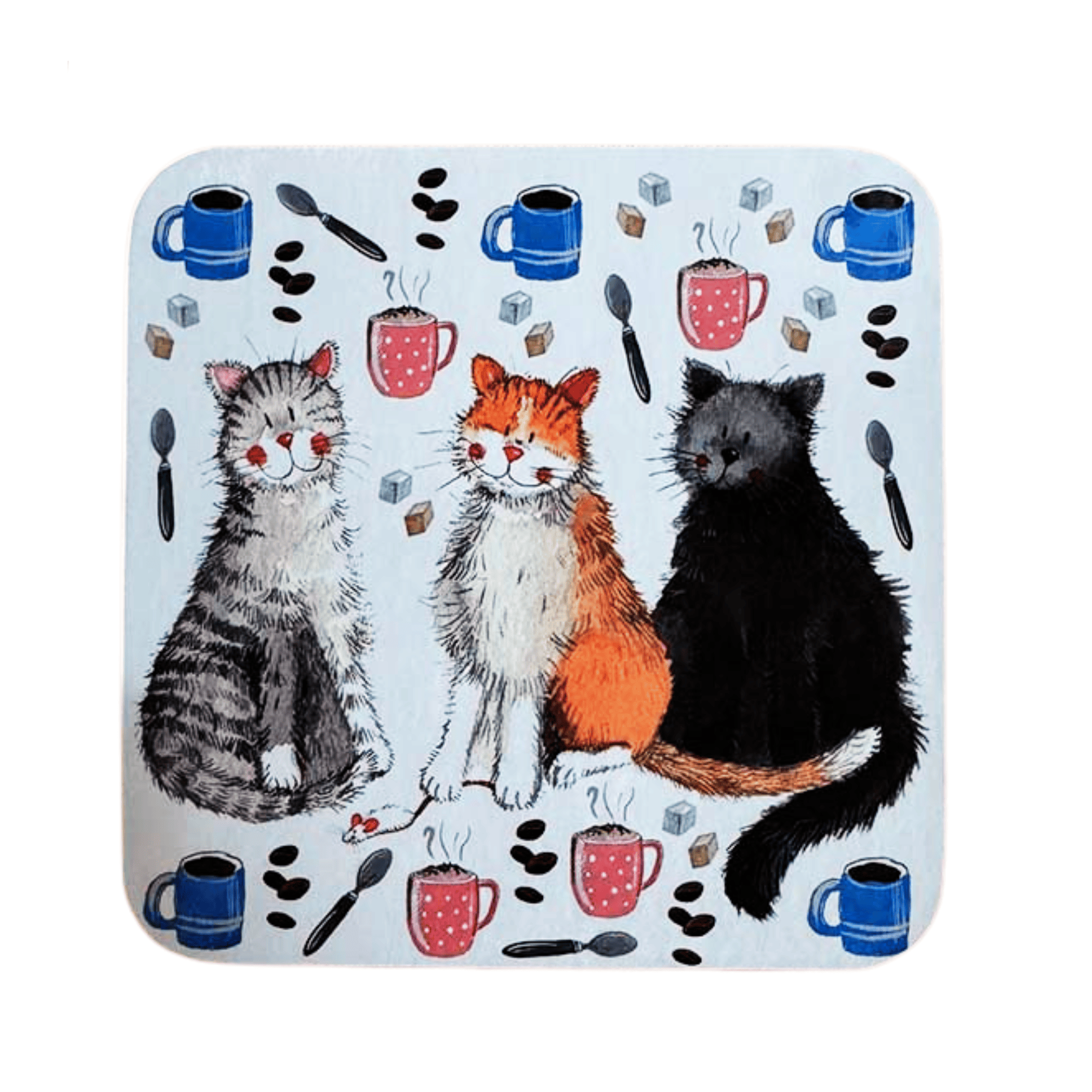 Alex Clark Cats and Coffee single cork-backed coaster featuring three adorable cats surrounded by coffee mugs, coffee beans, teaspoons and sugar cubes in a colourful watercolour illustration.