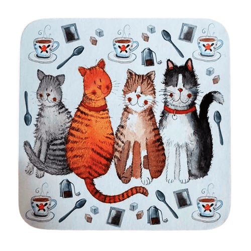 Alex Clark Cats and Tea single cork-backed coaster featuring four adorable cats surrounded by teacups, teabags, teaspoons and sugar cubes in a charming watercolour illustration.