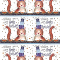 Alex Clark Birthday Cat wrapping paper featuring tabby cats balancing presents with Happy Birthday wording and matching gift tags