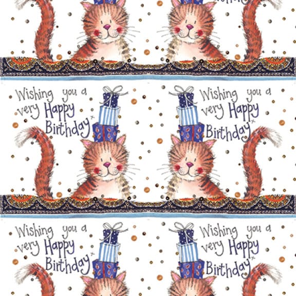 Alex Clark Birthday Cat wrapping paper featuring tabby cats balancing presents with Happy Birthday wording and matching gift tags