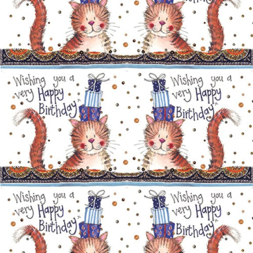 Alex Clark Birthday Cat wrapping paper featuring tabby cats balancing presents with Happy Birthday wording and matching gift tags