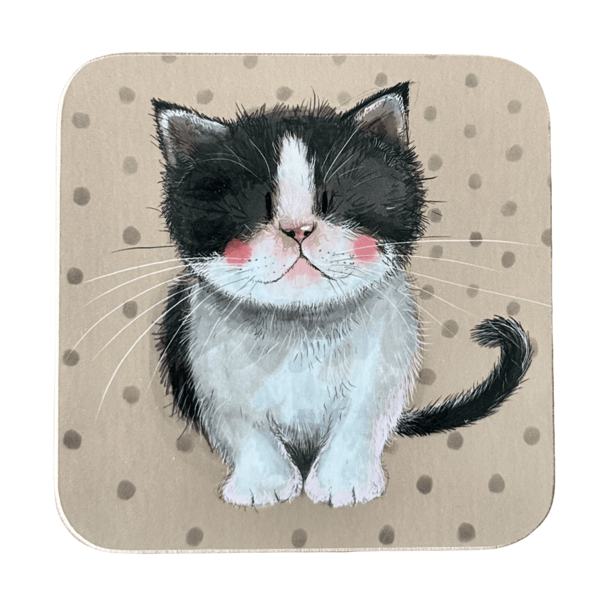 Square Alex Clark coaster featuring a fluffy black and white kitten on a beige polka-dot background with a laminated surface and cork backing.
