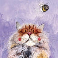 Alex Clark Classic Square Bumble Cat greeting card featuring a fluffy ginger and white cat with rosy cheeks gazing up at a tiny bumblebee.