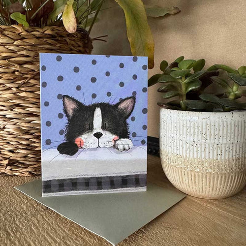 Alex Clark Little Doodles Frisky Cat greeting card featuring a black and white cat peeping over an edge against a blue polka dot background