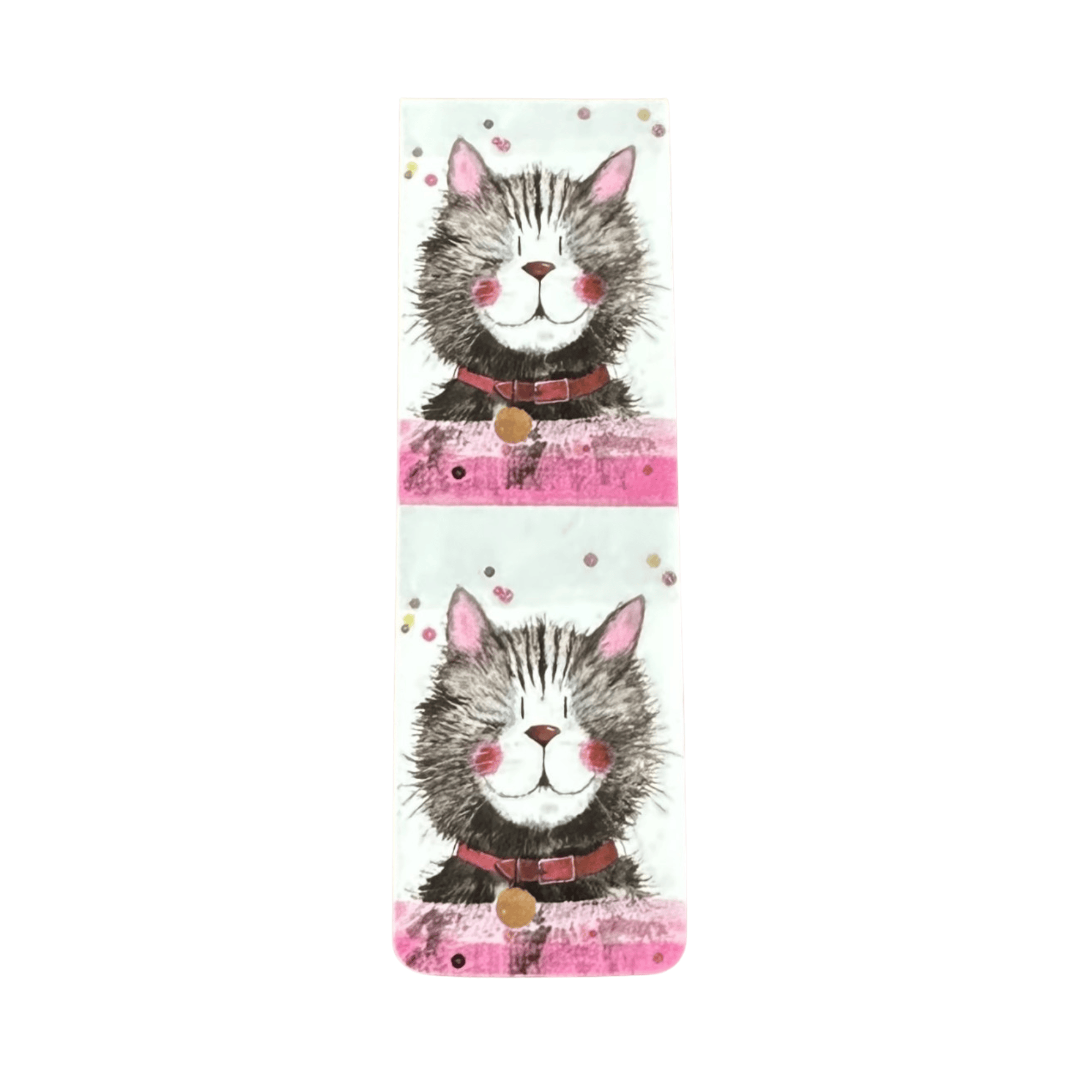 Alex Clark Klaus magnetic cat bookmark featuring a smiling fluffy grey tabby cat with rosy cheeks and a red collar in a charming watercolour illustration.