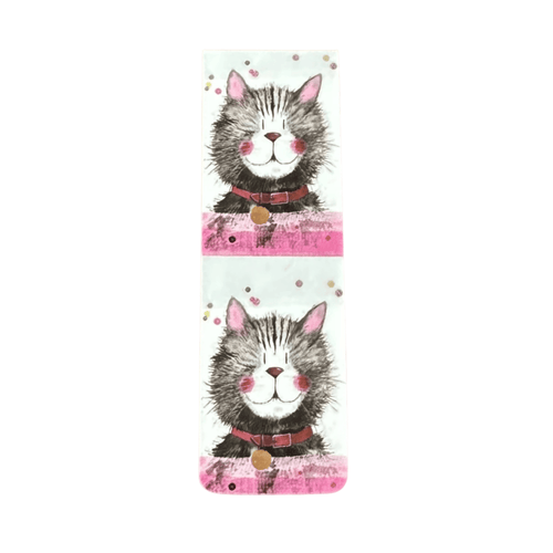 Alex Clark Klaus magnetic cat bookmark featuring a smiling fluffy grey tabby cat with rosy cheeks and a red collar in a charming watercolour illustration.