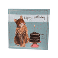 Alex Clark Little Sparkles Cat & Cake birthday card with fluffy brown cat, chocolate cake, candle and gold foil details