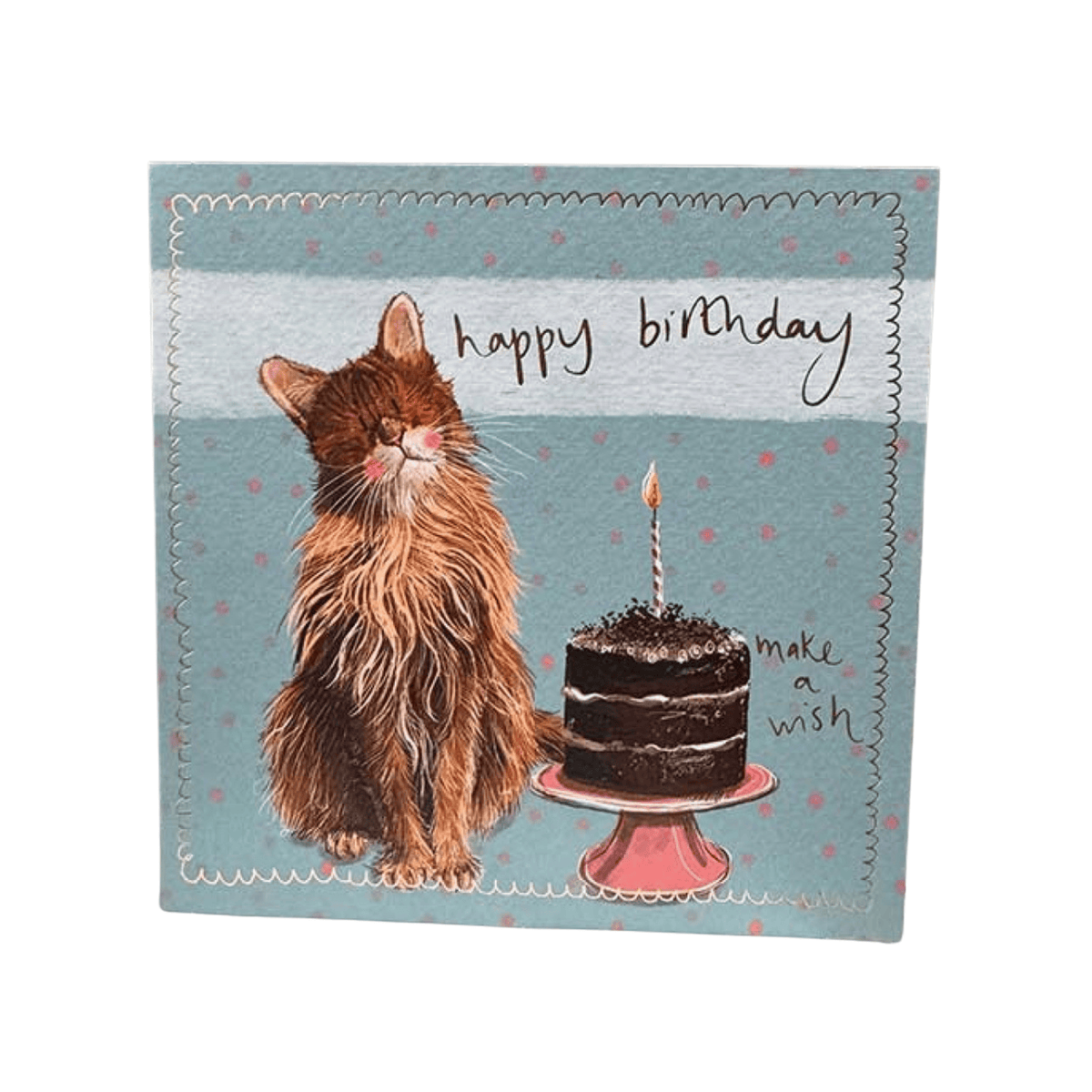 Alex Clark Little Sparkles Cat & Cake birthday card with fluffy brown cat, chocolate cake, candle and gold foil details