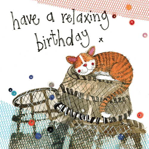 Alex Clark Little Sparkles Lobster Pot Cat birthday card with ginger and white cat sleeping on traditional lobster pots