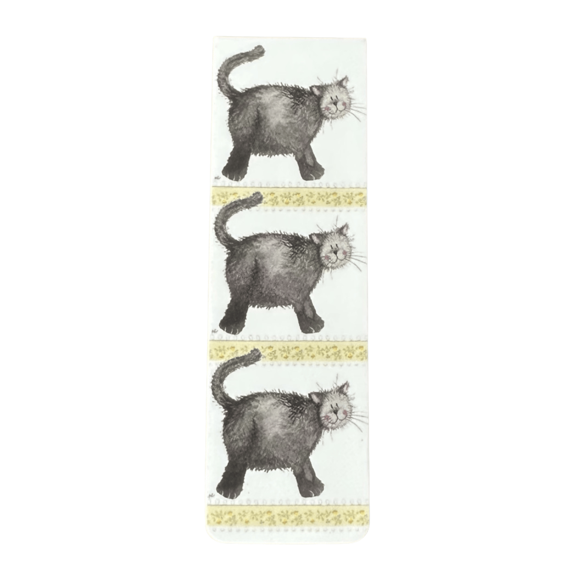 Alex Clark Little Treacle magnetic bookmark featuring a fluffy black cat with an arched back and cheeky smile in a charming watercolour illustration.