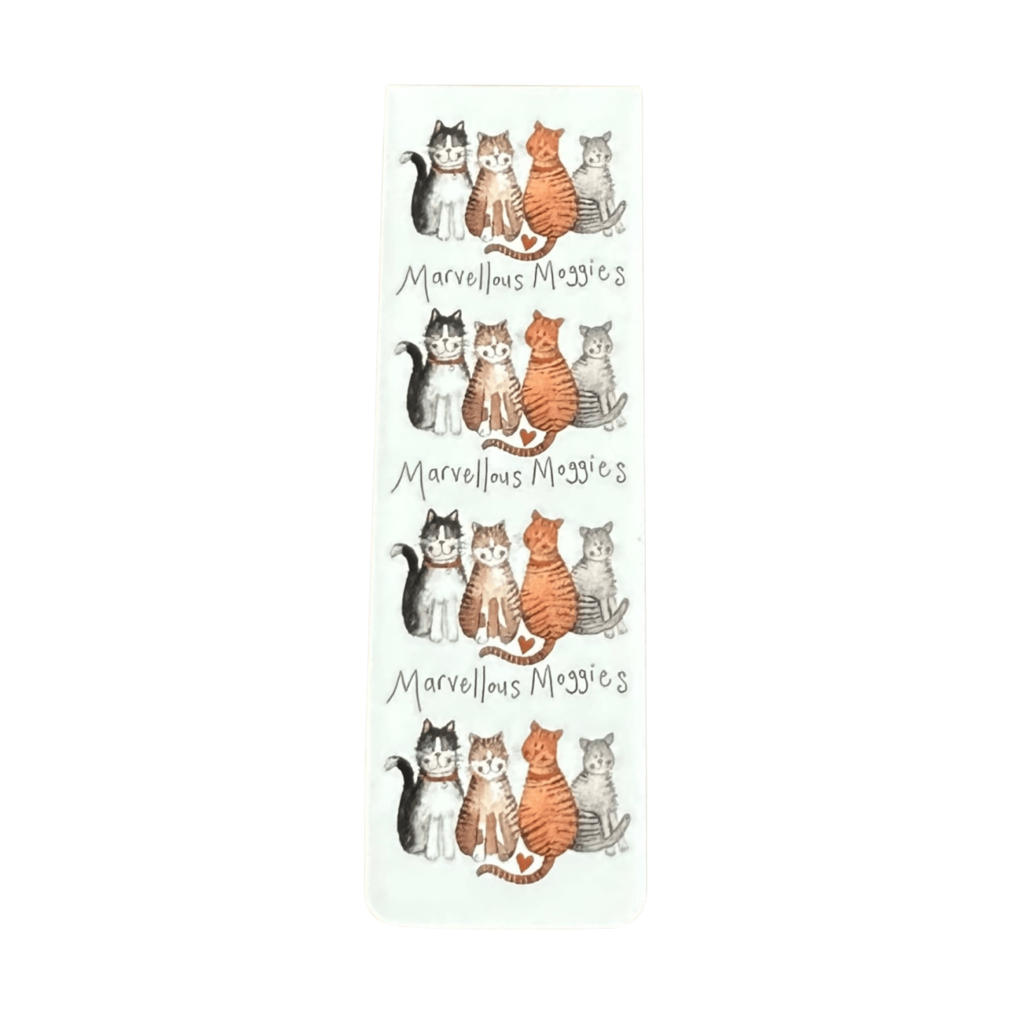 Alex Clark Marvellous Moggies magnetic bookmark featuring four adorable cats with the words "Marvellous Moggies" in a charming watercolour illustration.