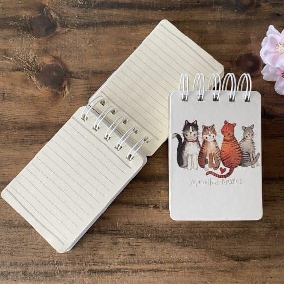 Small Alex Clark Marvellous Moggies hardback spiral notepad with lined pages and four colourful cats on the front cover