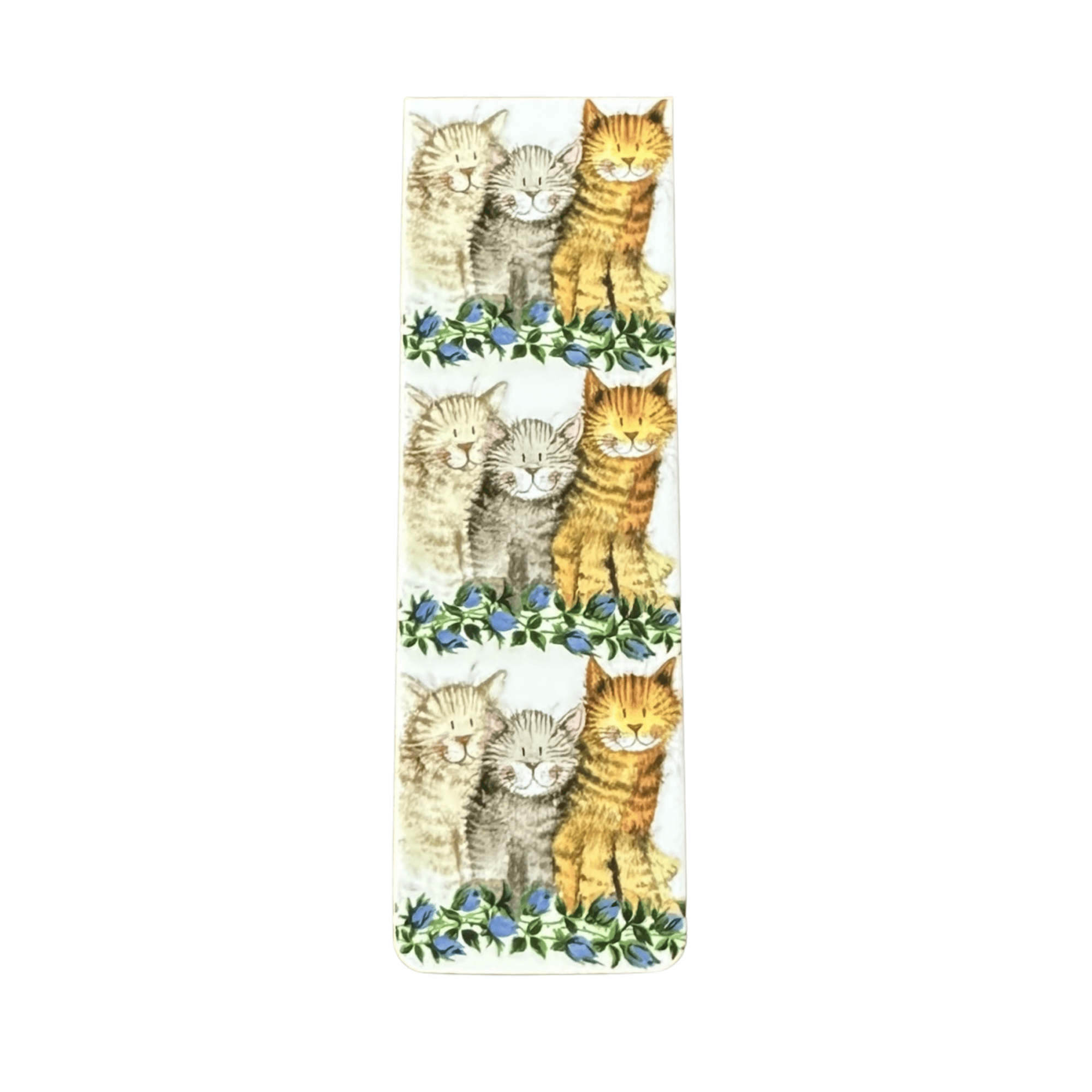 Alex Clark Three Amigos magnetic cat bookmark featuring three adorable cats sitting above blue flowers in a charming watercolour illustration.