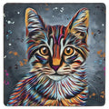 Aquamarine colourful tabby cat square coaster featuring vibrant contemporary feline artwork by artist Deborah Barker