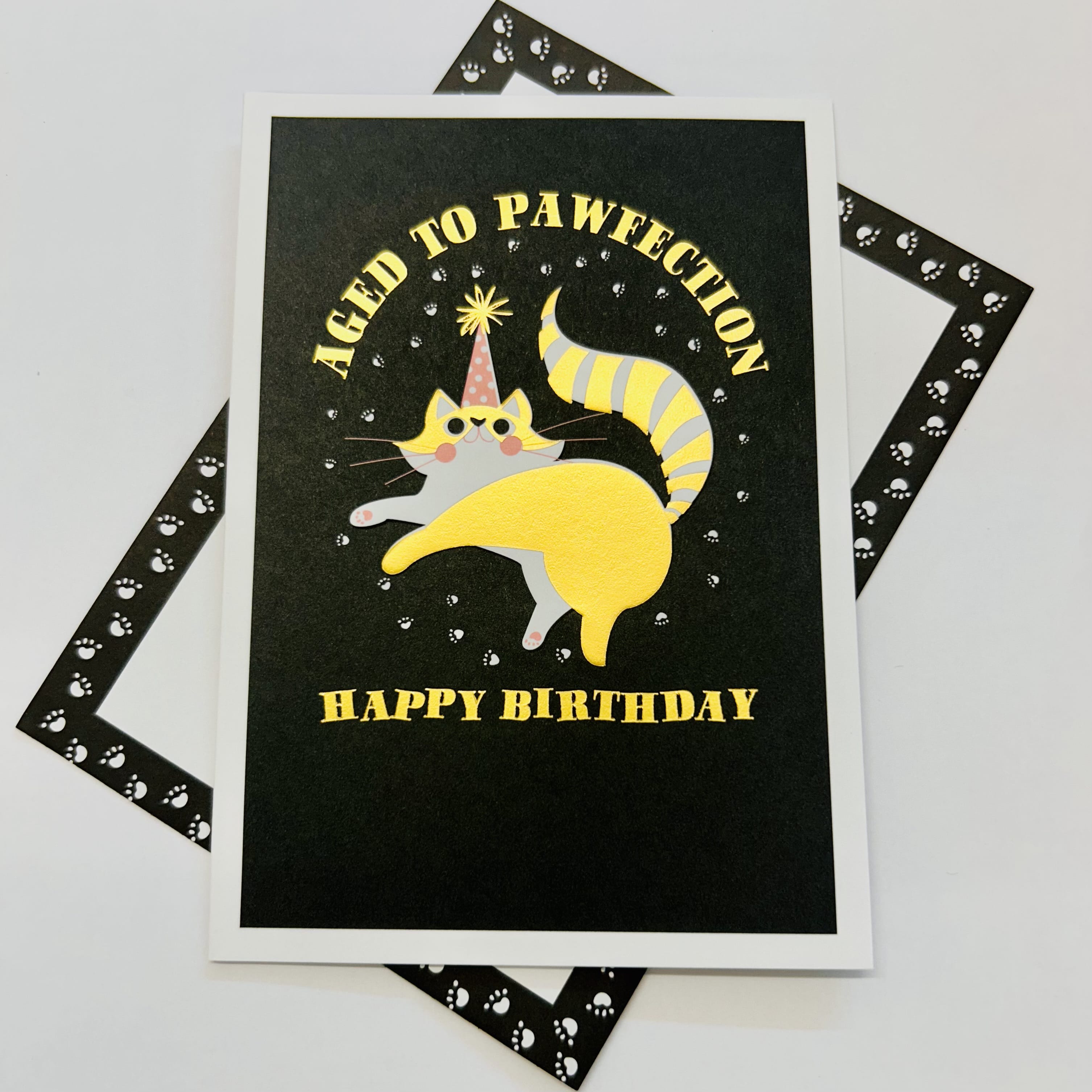 Art File Aged to Pawfection cat birthday card featuring a playful party cat with gold-coloured accents and embossed details on a black background.