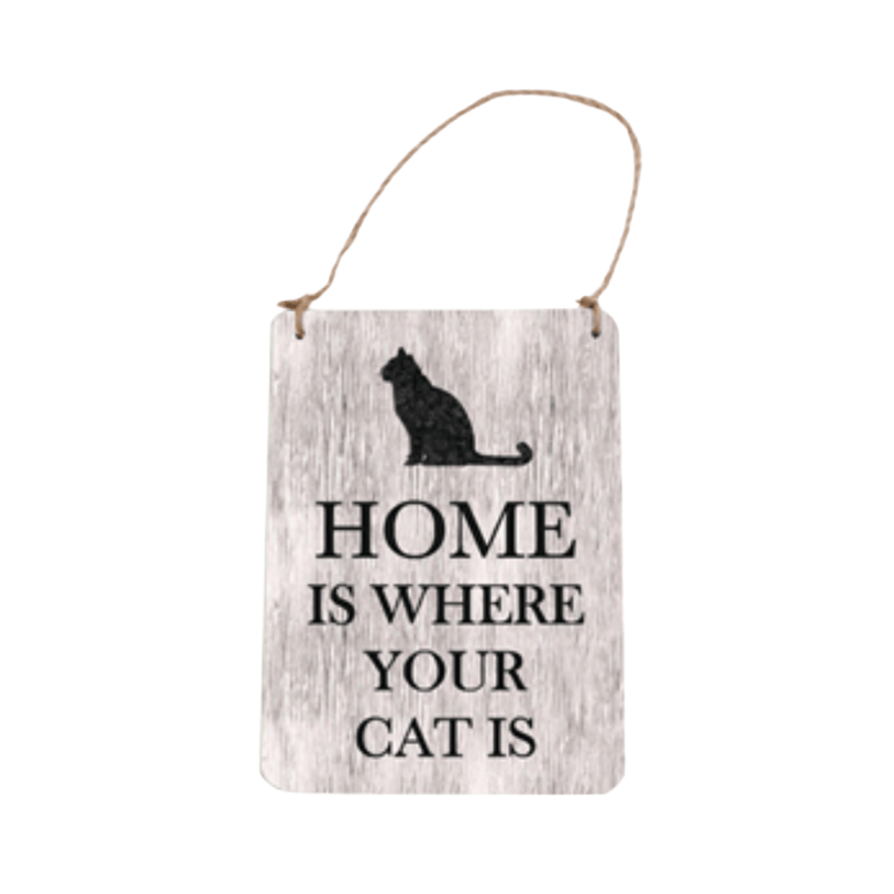 Bailey & Friends Home Is Where Your Cat Is wooden hanging plaque with raised black cat design, distressed finish and twine loop