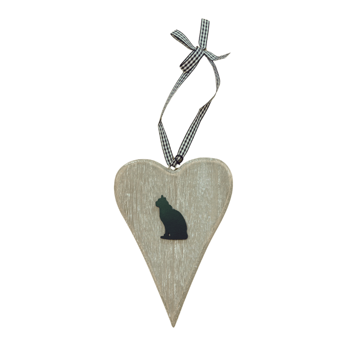 Bailey & Friends wooden heart cat hanging decoration with black sitting cat silhouette, distressed finish and black and white gingham ribbon