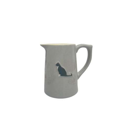 Bailey & Friends small grey jug with raised black and white tuxedo cat design on one side