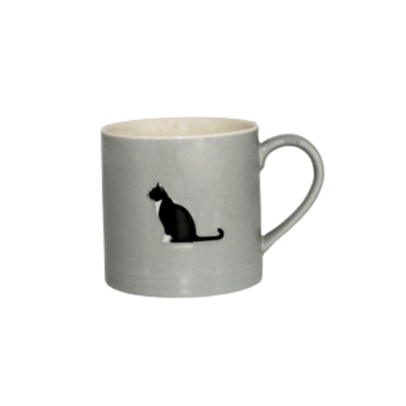 Bailey & Friends grey 250ml mug with raised black and white tuxedo cat design on the front