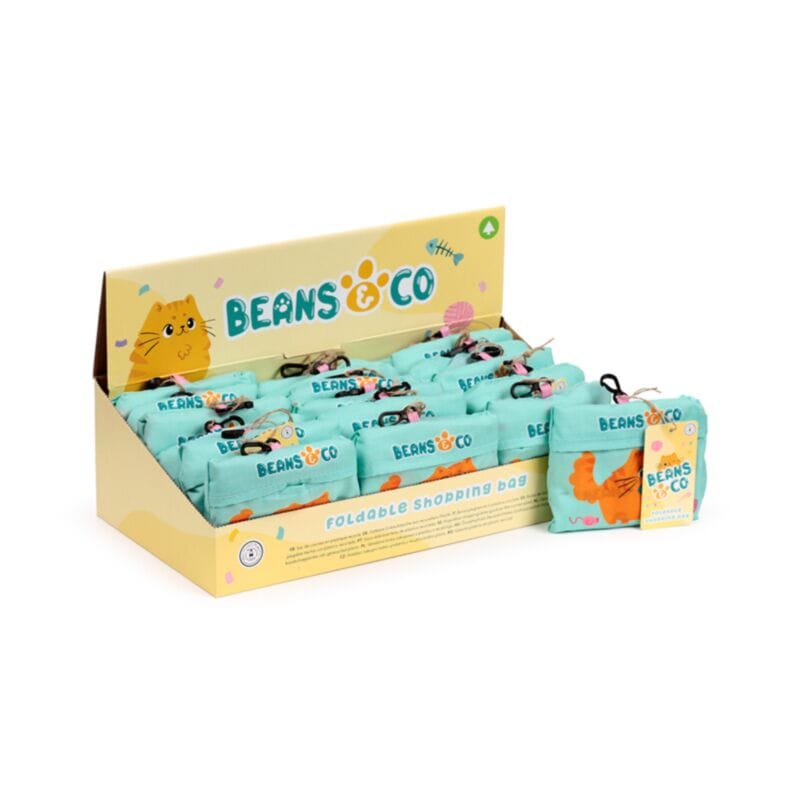 Beans & Co Foldable Reusable Cat Shopping Bag display with multiple folded bags