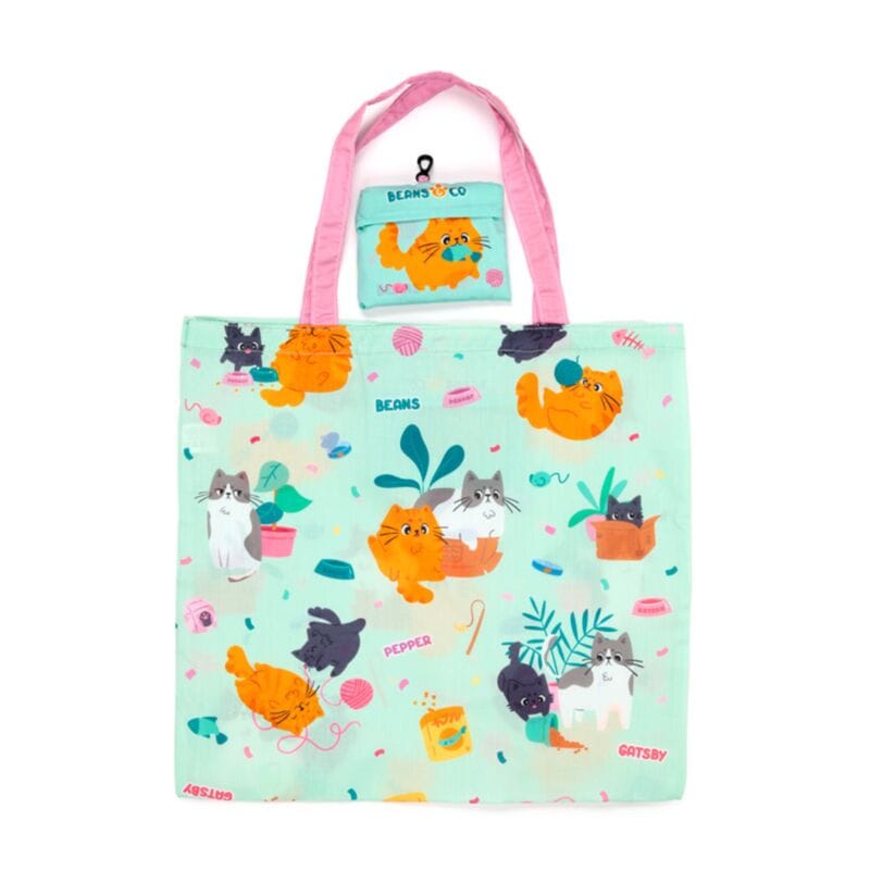 Beans & Co foldable shopping bag shown open with matching storage pouch