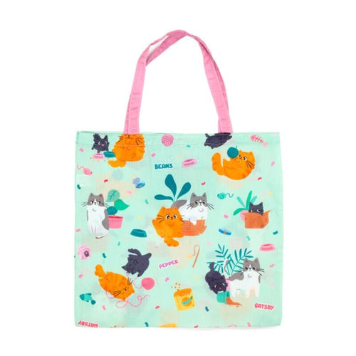 Beans & Co reusable cat shopping bag fully opened with colourful cat print