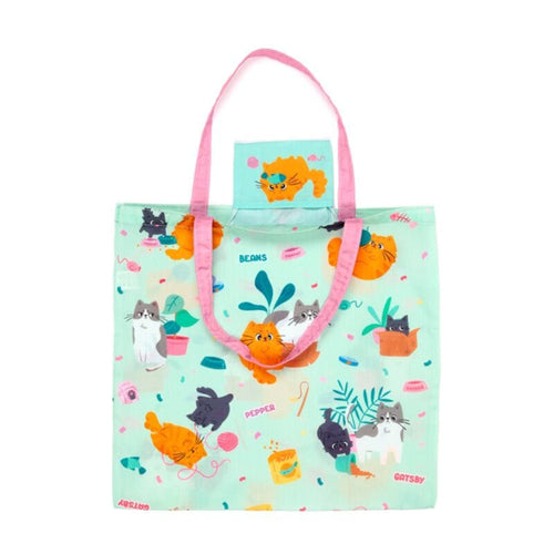 Beans & Co foldable shopping bag shown open with matching attached storage pouch