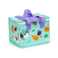 Beans & Co cat print insulated lunch bag in aqua with colourful playful cats, purple carry handles and white zip fastening