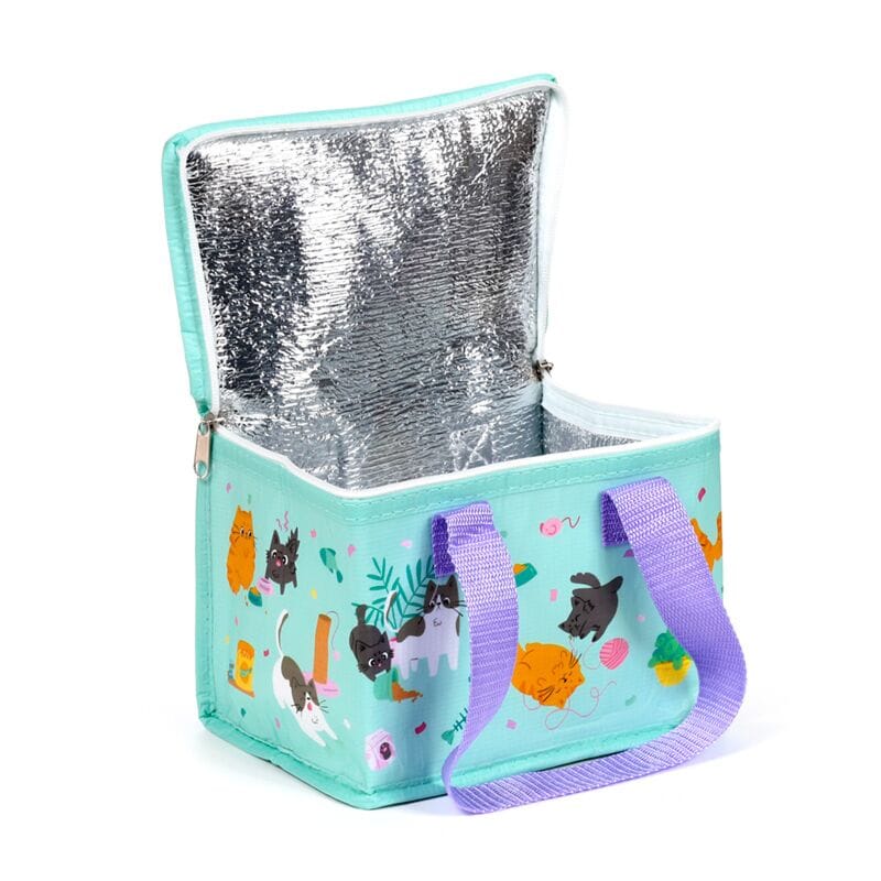 Open Beans & Co cat print lunch bag showing reflective silver foil insulated lining, spacious interior and purple carrying handles