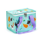 Beans & Co recycled plastic cat lunch bag showing purple webbing carry handles, white zip fastening and cheerful aqua cat pattern