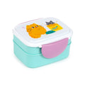 Beans & Co cats two tier bento lunch box in turquoise with pink clip locks and cute ginger and grey cat illustrations on white lid