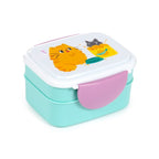 Beans & Co cats two tier bento lunch box in turquoise with pink clip locks and cute ginger and grey cat illustrations on white lid