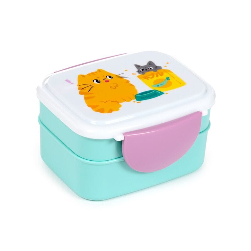 Beans & Co cats two tier bento lunch box in turquoise with pink clip locks and cute ginger and grey cat illustrations on white lid