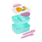 Exploded view of Beans & Co cat bento lunch box showing two turquoise tiers, divided tray, illustrated clip-lock lid and pink cutlery