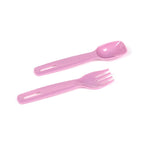 Matching pink plastic fork and spoon included with Beans & Co cat-themed stacked bento lunch box