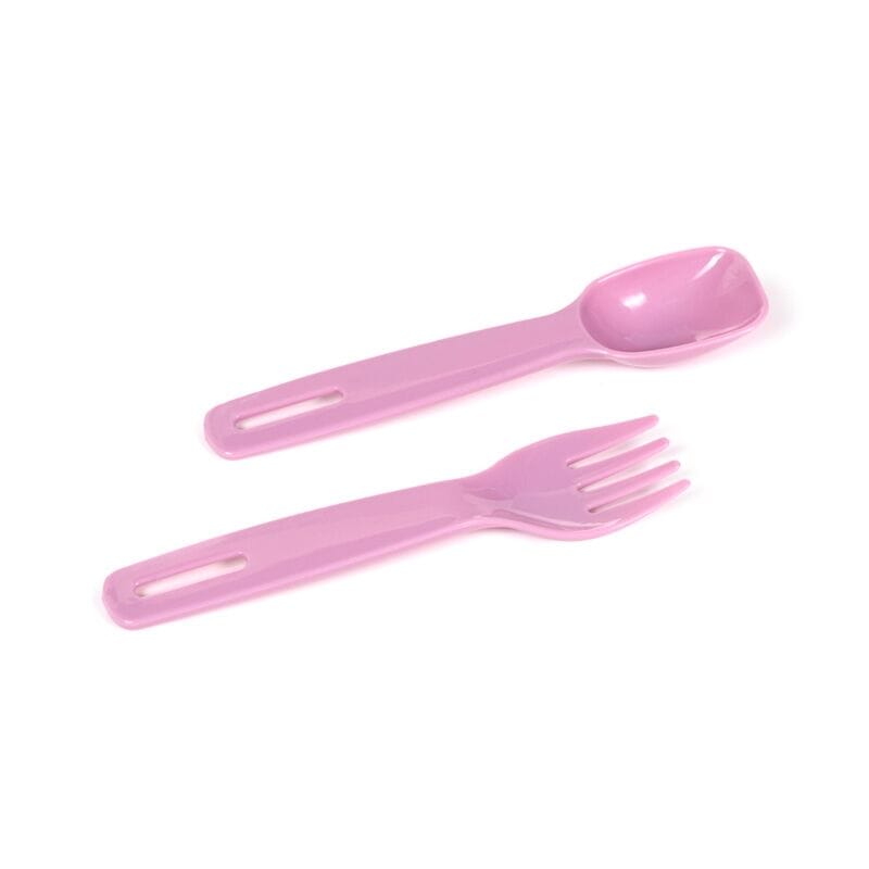 Matching pink plastic fork and spoon included with Beans & Co cat-themed stacked bento lunch box