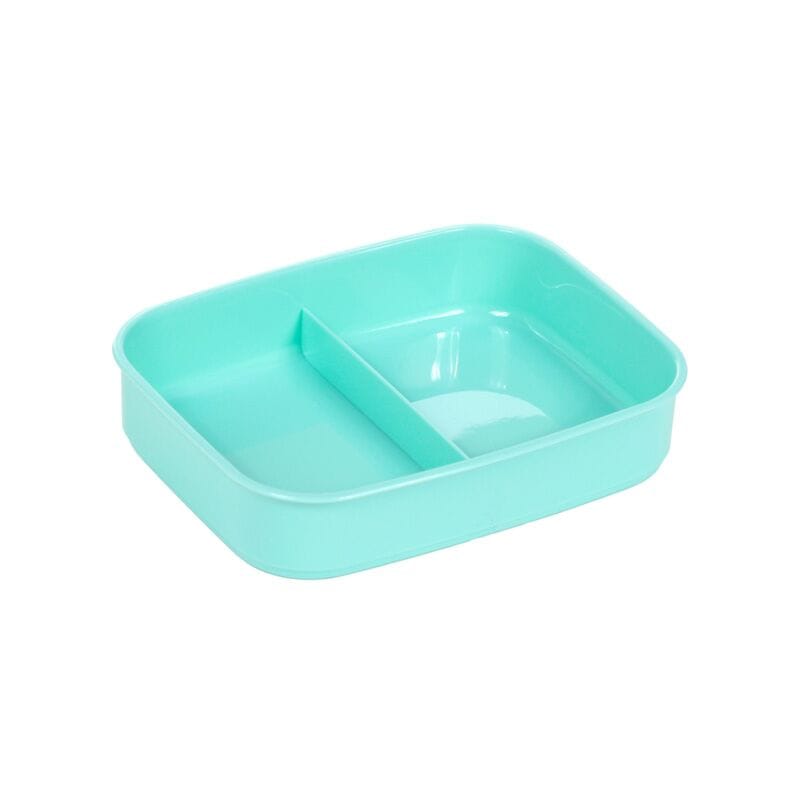 Turquoise Beans & Co bento lunch box upper compartment with built-in divider for separating packed lunch foods