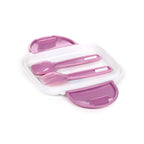 Underside of Beans & Co bento lunch box lid showing matching pink fork and spoon stored securely in their own compartment