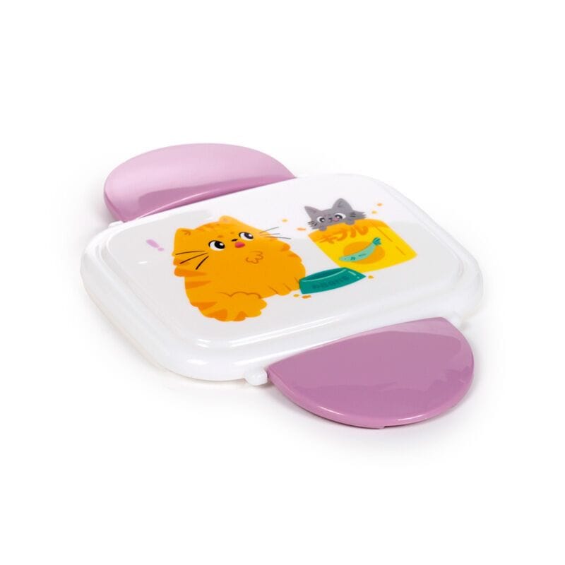 White Beans & Co cat lunch box lid with pink clip locks and playful ginger and grey kitten artwork
