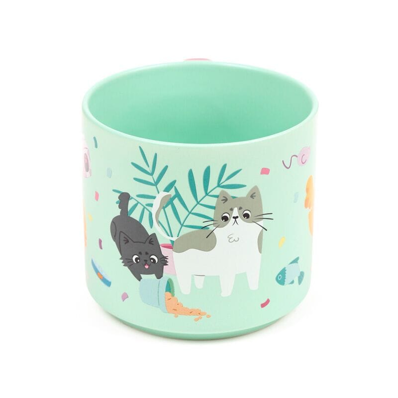 Mint green Beans & Co cat mug with pink handle, featuring playful ginger and grey cats chasing wool and surrounded by colourful cat toys.