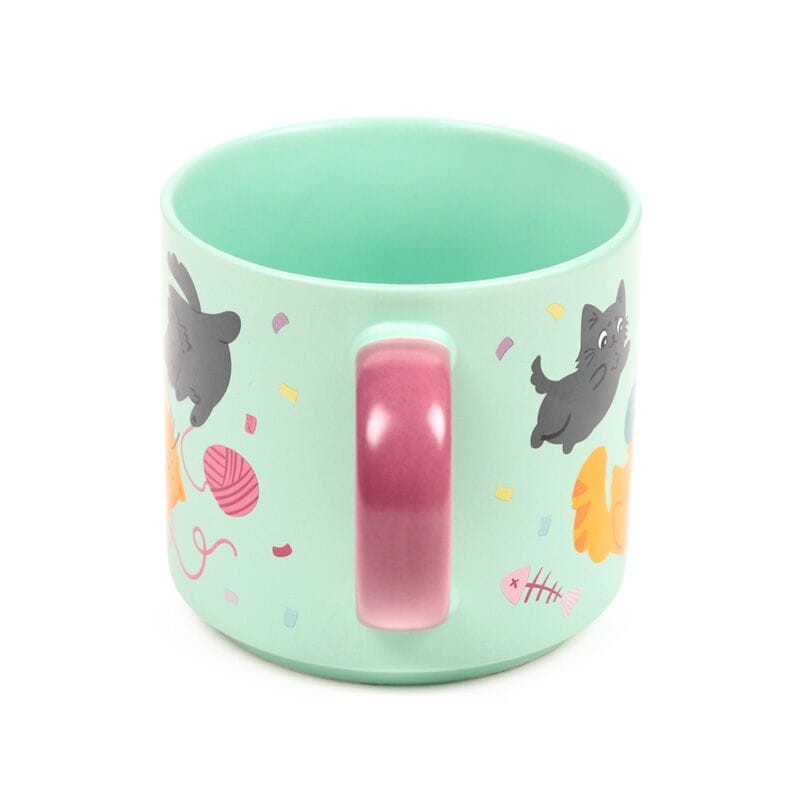 Rear view of Beans & Co Playful Cats porcelain mug showing glossy pink handle, mint green finish and colourful cat-themed illustrations.