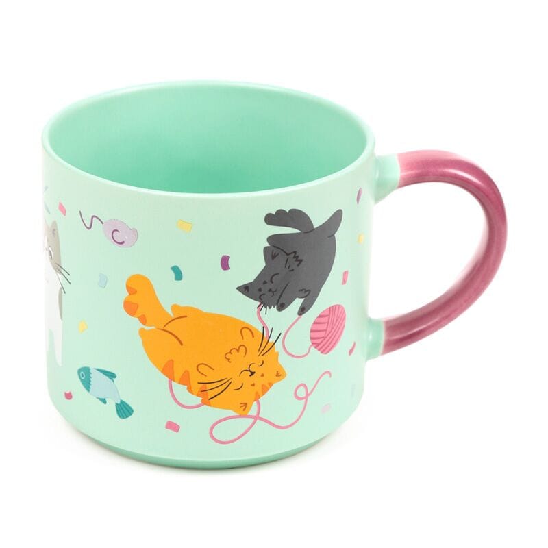 Beans & Co large 500ml porcelain cat mug in mint green with playful kitten illustrations, colourful cat toys and contrasting pink handle.