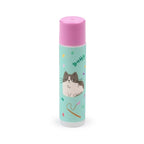 Beans & Co vegan coconut lip balm with pink cap and cute grey and white cat illustration surrounded by colourful cat toys.